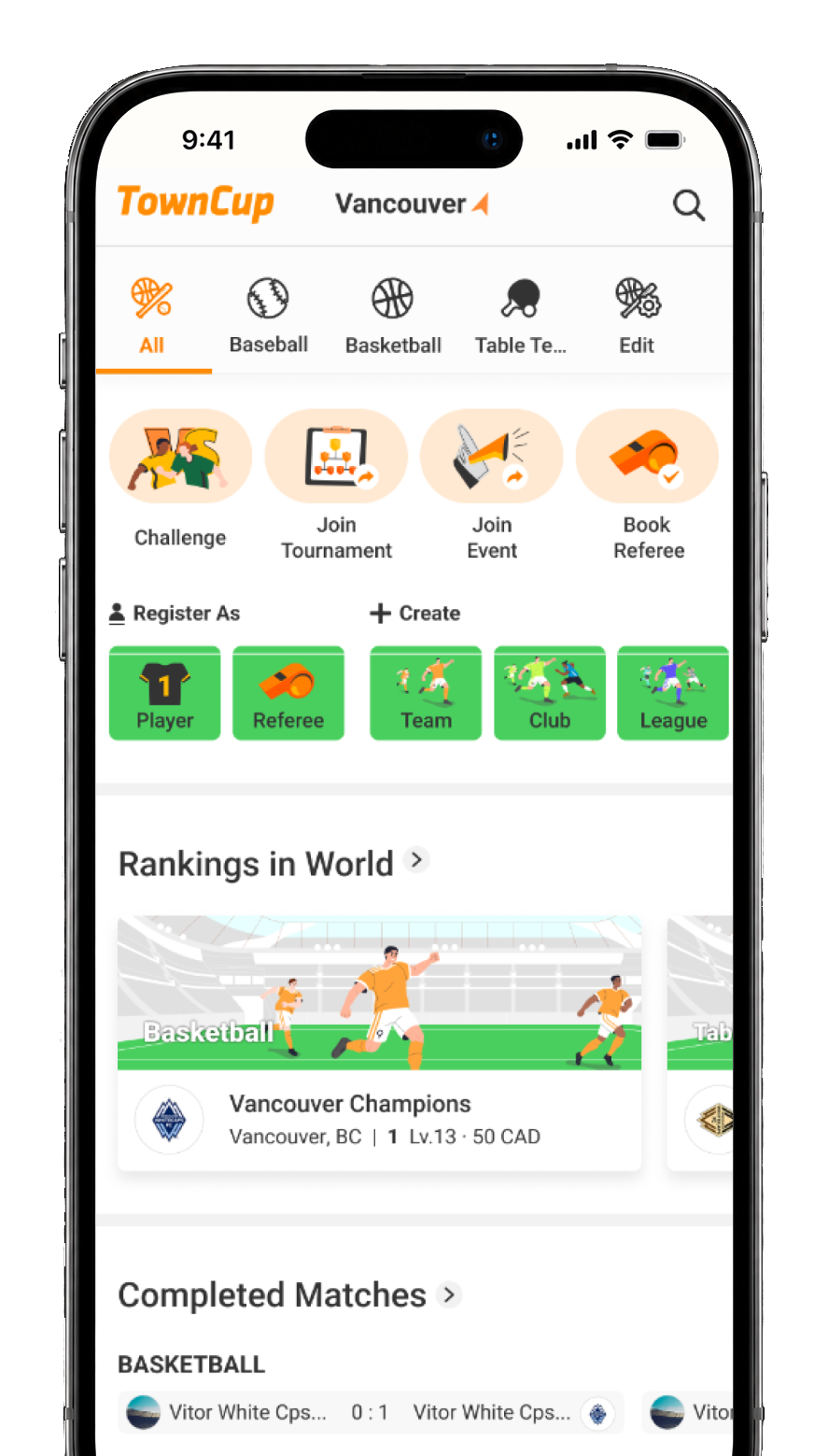 TownCup home screen with brand wordmark and sport categories