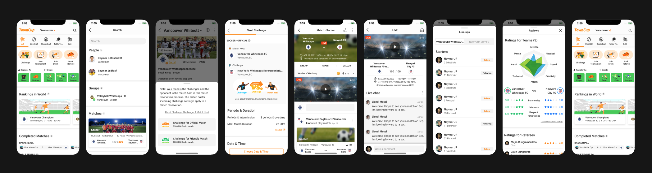 Nine TownCup screens across home, search, challenge, live match, line-ups, and reviews