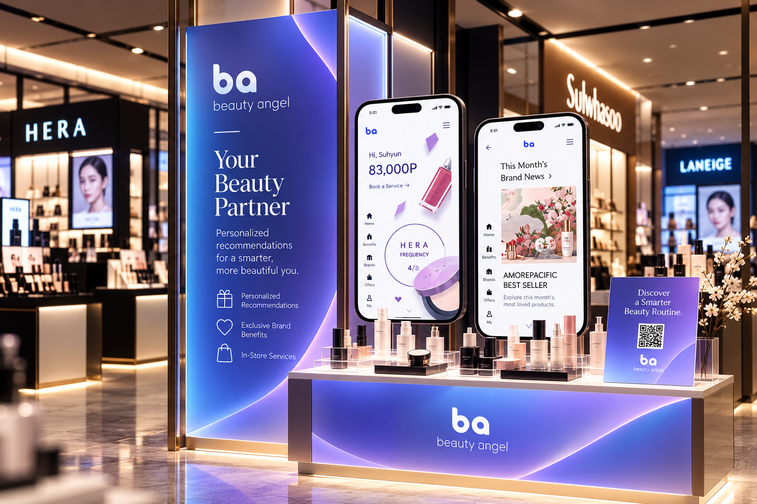 Beauty Angel in-store display — brand banner and app screens in an Amorepacific store