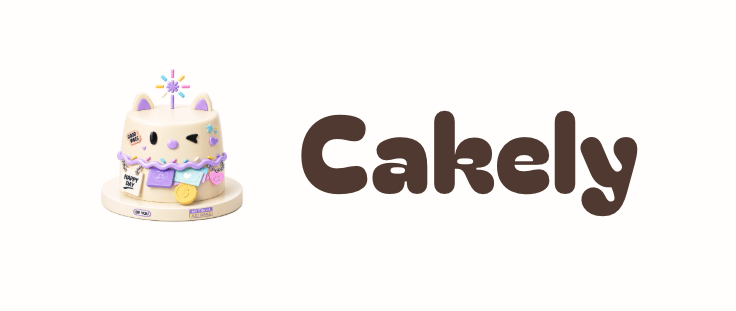 Cakely wordmark with the cake mascot