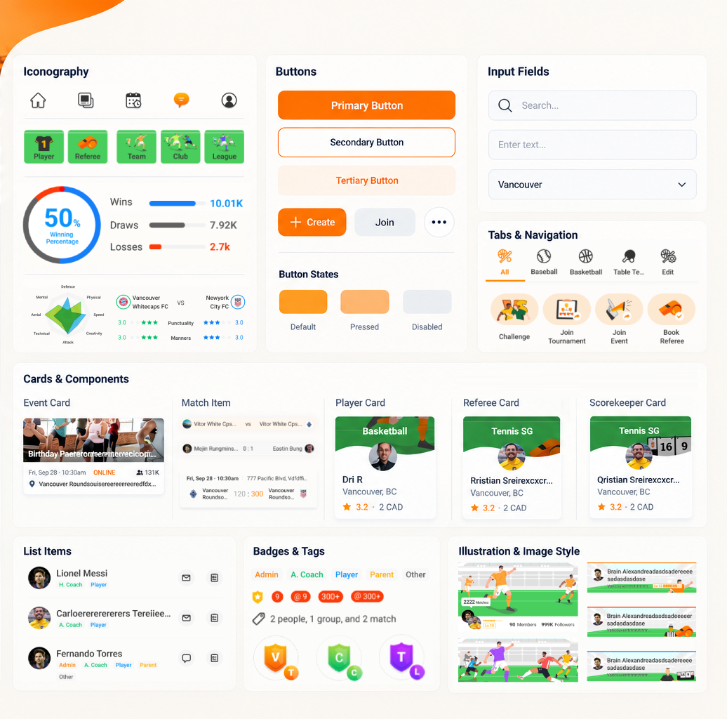 TownCup component system — iconography, buttons, inputs, navigation, cards, badges, and illustration style in the brand orange