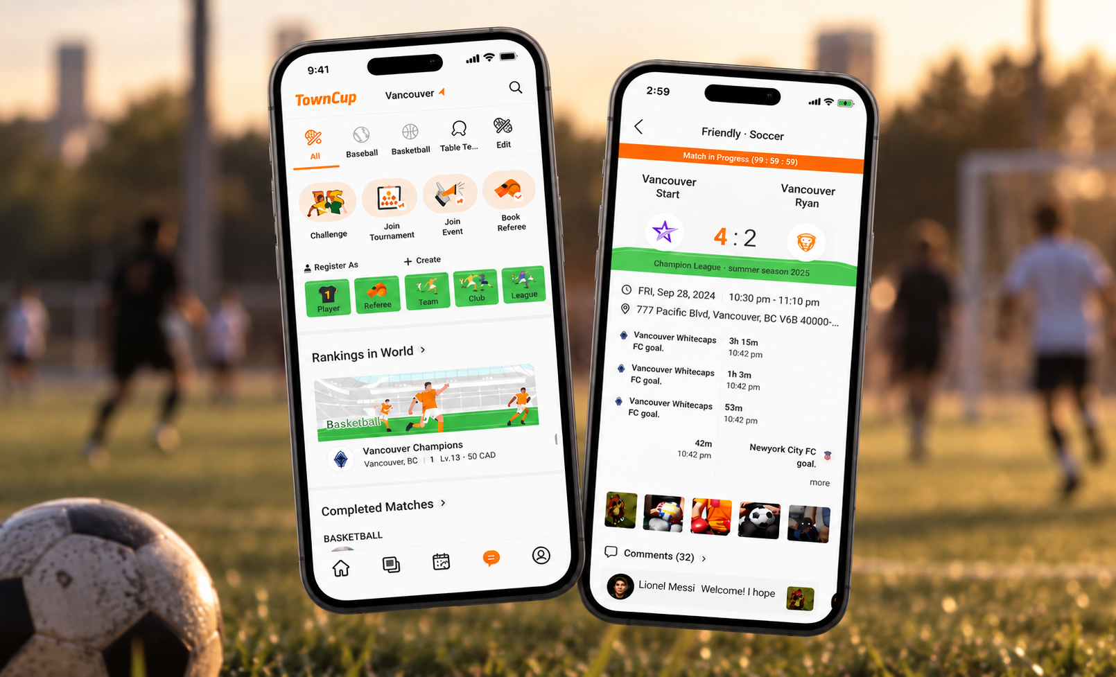 TownCup app — home and live match screens over an evening soccer field