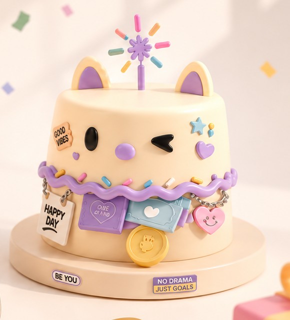 The Cakely cake mascot — a cream cat-eared cake with lavender trim, charms, and a gold coin
